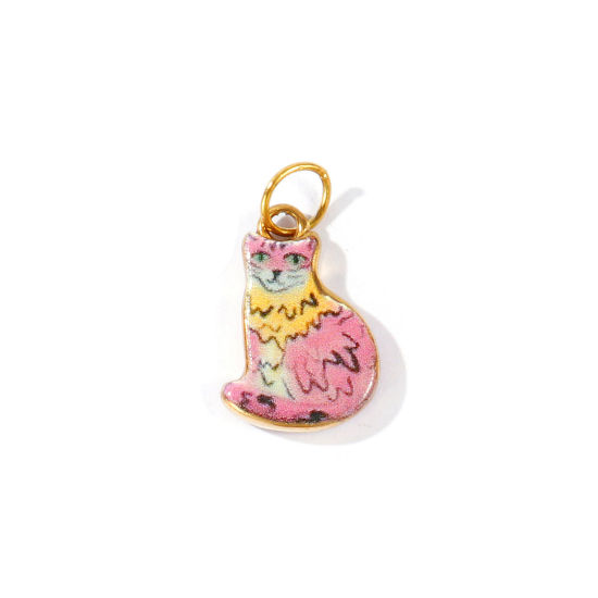 Picture of 1 Piece PVD 304 Stainless Steel Charms Wholesale 18K Real Gold Plated Multicolor Cat Animal Double Sided Printed 22mm x 12mm