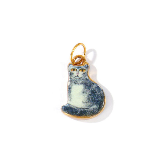 Picture of 1 Piece PVD 304 Stainless Steel Charms Wholesale 18K Real Gold Plated Black & Gray Cat Animal Double Sided Printed 22mm x 12mm