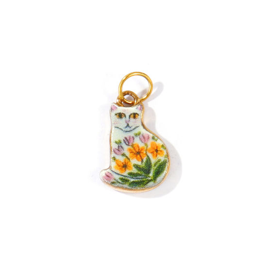 Picture of 1 Piece PVD 304 Stainless Steel Charms Wholesale 18K Real Gold Plated Yellow Cat Animal Flower Double Sided Printed 22mm x 12mm