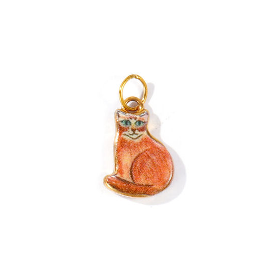 Picture of 1 Piece PVD 304 Stainless Steel Charms Wholesale 18K Real Gold Plated Brown Cat Animal Double Sided Printed 22mm x 12mm