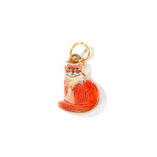 Picture of 1 Piece PVD 304 Stainless Steel Charms Wholesale 18K Real Gold Plated Orange Cat Animal Double Sided Printed 22mm x 12mm