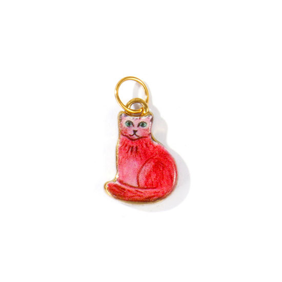 Picture of 1 Piece PVD 304 Stainless Steel Charms Wholesale 18K Real Gold Plated Red Cat Animal Double Sided Printed 22mm x 12mm