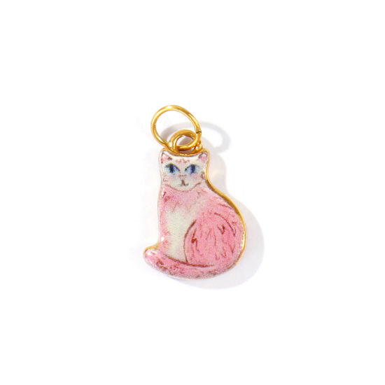 Picture of 1 Piece PVD 304 Stainless Steel Charms Wholesale 18K Real Gold Plated Pink Cat Animal Double Sided Printed 22mm x 12mm