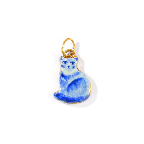 Picture of 1 Piece PVD 304 Stainless Steel Charms Wholesale 18K Real Gold Plated Blue Cat Animal Double Sided Printed 22mm x 12mm