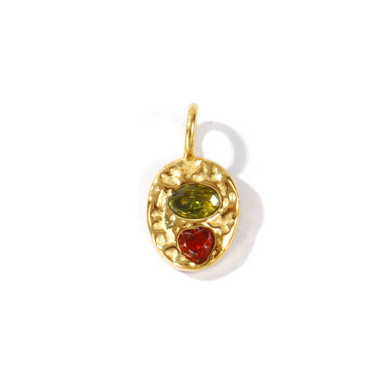 Picture of 1 Piece Eco-friendly PVD Waterproof Anti-Tarnish Hypoallergenic 304 Stainless Steel Charms Wholesale 18K Real Gold Plated Oval Olive Green Rhinestone 21mm x 12mm
