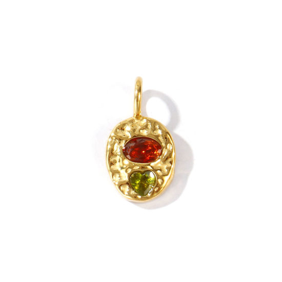 Picture of 1 Piece Eco-friendly PVD Waterproof Anti-Tarnish Hypoallergenic 304 Stainless Steel Charms Wholesale 18K Real Gold Plated Oval Amber Rhinestone 21mm x 12mm