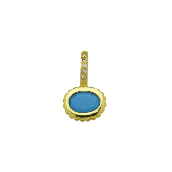 Image de 2 Pcs Breloques En Gros en Laiton Plaqué Or 18K Ovale à Zircone Cubique Bleu 17mm x 10mm