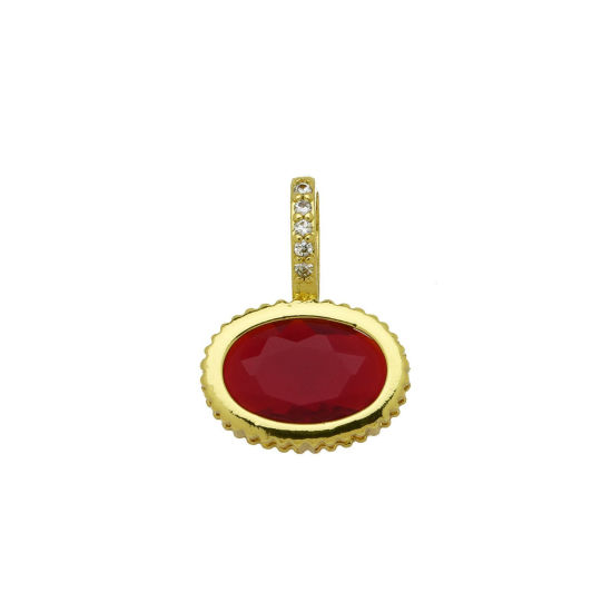 Image de 2 Pcs Breloques En Gros en Laiton Plaqué Or 18K Ovale à Zircone Cubique Rouge 19mm x 14mm