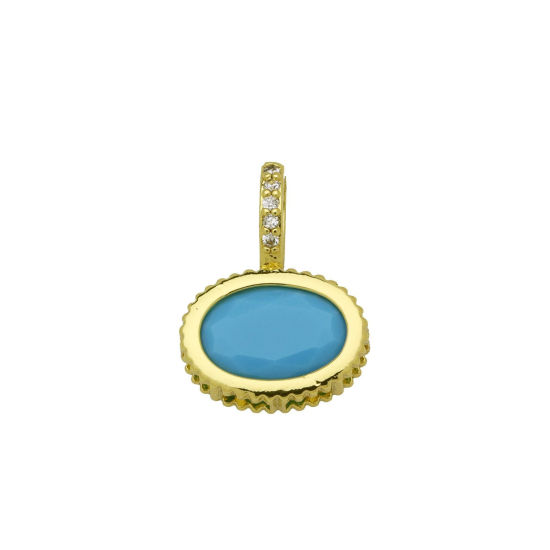 Image de 2 Pcs Breloques En Gros en Laiton Plaqué Or 18K Ovale à Zircone Cubique Bleu 19mm x 14mm