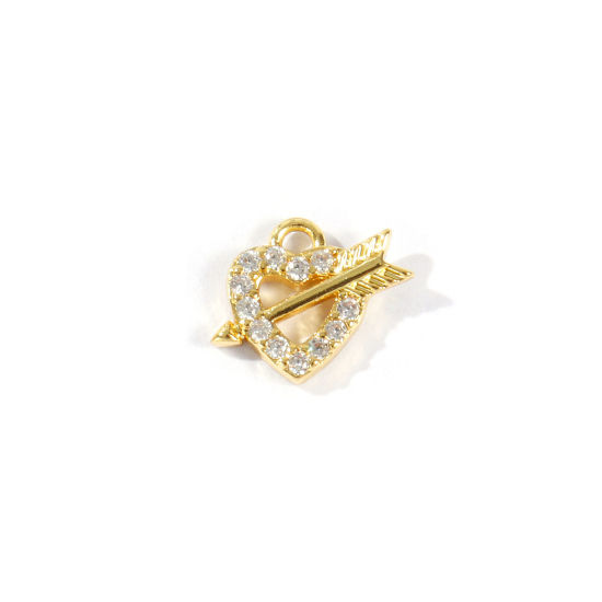 Bild von 2 Stück Messing Valentinstag Charms Großhandel 18K Vergoldet Amors Pfeil Micro Pave Klar Kubischer Zirkon 9mm x 8mm