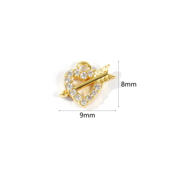 Bild von 2 Stück Messing Valentinstag Charms Großhandel 18K Vergoldet Amors Pfeil Micro Pave Klar Kubischer Zirkon 9mm x 8mm