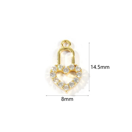 Bild von 2 Stück Messing Valentinstag Charms Großhandel 18K Vergoldet Schloss & Schlüssel Micro Pave Klar Kubischer Zirkon 14.5mm x 8mm