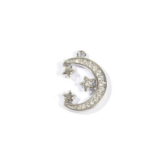 Bild von 2 Stück Messing Galaxis Charms Großhandel Platin Plattiert Halbmond Stern Micro Pave Klar Kubischer Zirkon 18mm x 13mm