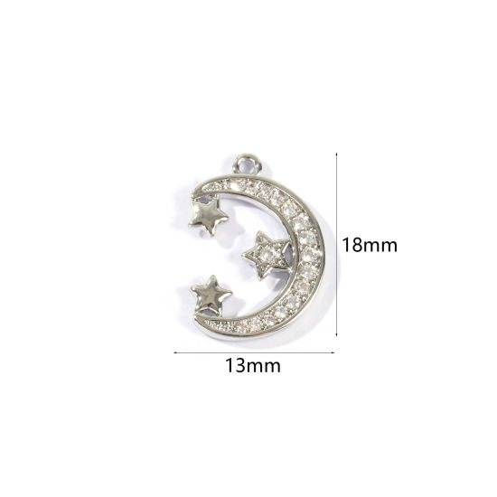 Bild von 2 Stück Messing Galaxis Charms Großhandel Platin Plattiert Halbmond Stern Micro Pave Klar Kubischer Zirkon 18mm x 13mm