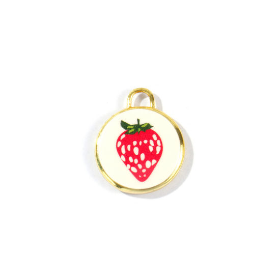 Bild von 2 Stück Messing Charms Großhandel 18K Vergoldet Fuchsie Rund Scheibe Erdbeere Gedruckt 20mm x 17mm