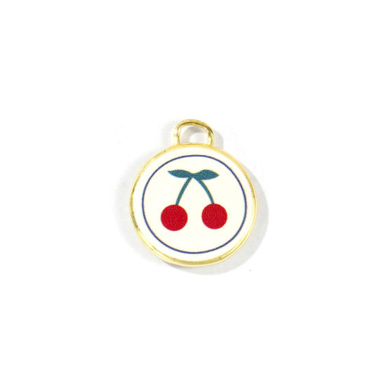 Bild von 2 Stück Messing Charms Großhandel 18K Vergoldet Rot Rund Scheibe Kirsche Gedruckt 20mm x 17mm