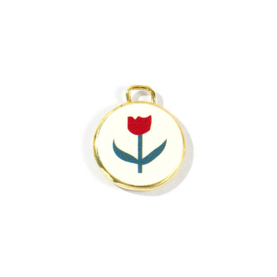 Bild von 2 Stück Messing Charms Großhandel 18K Vergoldet Rot Rund Scheibe Tulpen Gedruckt 20mm x 17mm