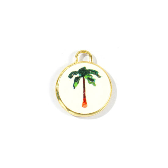 Bild von 2 Stück Messing Charms Großhandel 18K Vergoldet Grün Rund Scheibe Kokospalme Gedruckt 20mm x 17mm