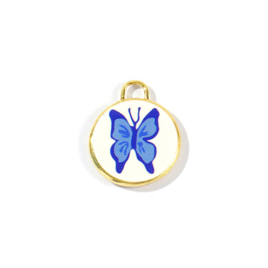 Bild von 2 Stück Messing Insekt Charms Großhandel 18K Vergoldet Blau Rund Scheibe Schmetterling Gedruckt 20mm x 17mm