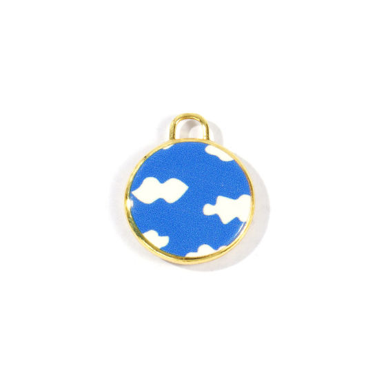 Imagen de 2 Unidades Latón Colgantes Al Por Mayor Chapado en Oro de 18K Blanco Ronda Disco Nubes Impreso 20mm x 17mm
