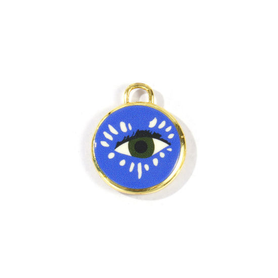 Imagen de 2 Unidades Latón Religión Colgantes Al Por Mayor Chapado en Oro de 18K Azul Ronda Disco Ojo de la Providencia/Ojo que Todo lo Ve Impreso 20mm x 17mm