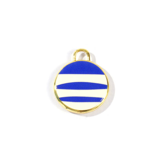 Imagen de 2 Unidades Latón Colgantes Al Por Mayor Chapado en Oro de 18K Azul Ronda Disco Raya Impreso 20mm x 17mm