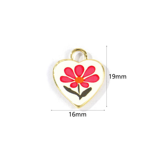 2 個 真鍮 バレンタイン・デー チャーム 卸売り 18Kゴールドメッキ ピンク ハート 花 印刷された 19mm x 16mm、 の画像