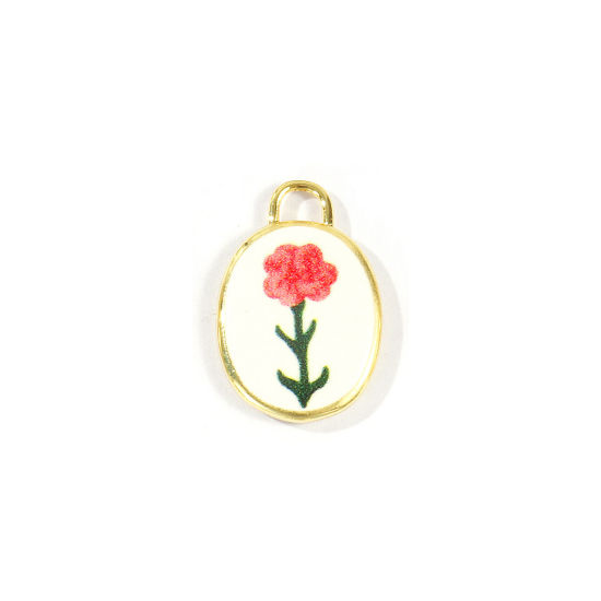 Immagine di 2 Pz Ottone Fiore del Mese di Nascita Ciondoli All'Ingrosso Placcato Oro 18K Rosa Ovale Garofano Stampato 20mm x 13.5mm