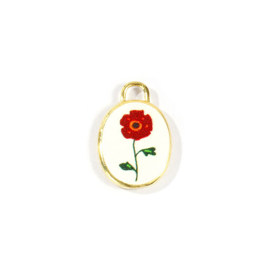 Immagine di 2 Pz Ottone Fiore del Mese di Nascita Ciondoli All'Ingrosso Placcato Oro 18K Colore Fuscia Ovale Viola Stampato 20mm x 13.5mm