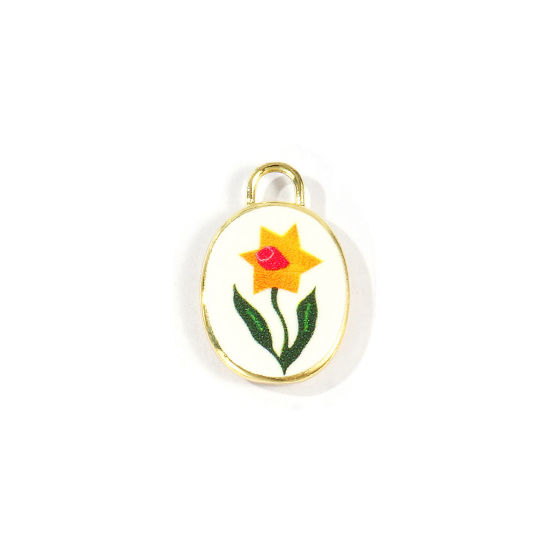 Immagine di 2 Pz Ottone Fiore del Mese di Nascita Ciondoli All'Ingrosso Placcato Oro 18K Giallo Ovale Fiore del Narciso Stampato 20mm x 13.5mm