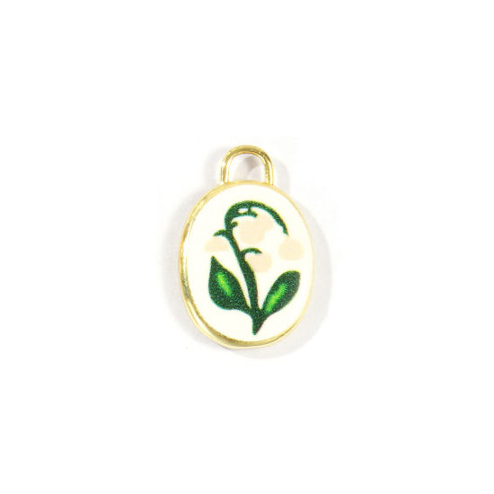 Immagine di 2 Pz Ottone Fiore del Mese di Nascita Ciondoli All'Ingrosso Placcato Oro 18K Bianco Sporco Ovale Mughetto Stampato 20mm x 13.5mm