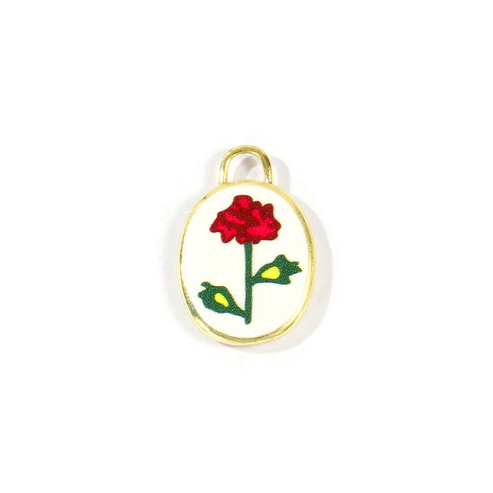 Immagine di 2 Pz Ottone Fiore del Mese di Nascita Ciondoli All'Ingrosso Placcato Oro 18K Rosso Ovale Rosa Stampato 20mm x 13.5mm