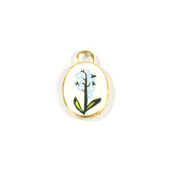 Immagine di 2 Pz Ottone Fiore del Mese di Nascita Ciondoli All'Ingrosso Placcato Oro 18K Blu Chiaro Ovale Stella Alpina Stampato 20mm x 13.5mm