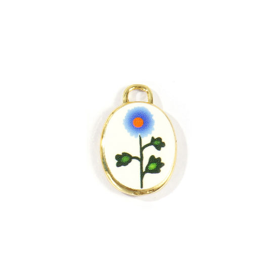Immagine di 2 Pz Ottone Fiore del Mese di Nascita Ciondoli All'Ingrosso Placcato Oro 18K Blu Ovale Fiori di Astri Stampato 20mm x 13.5mm