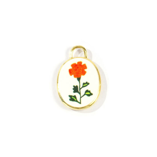 Immagine di 2 Pz Ottone Fiore del Mese di Nascita Ciondoli All'Ingrosso Placcato Oro 18K Arancione Ovale Fiore del Cosmo Stampato 20mm x 13.5mm
