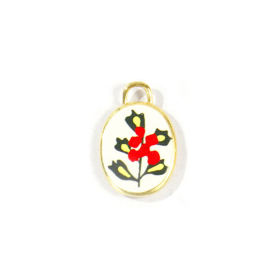 Immagine di 2 Pz Ottone Fiore del Mese di Nascita Ciondoli All'Ingrosso Placcato Oro 18K Rosso Ovale Agrifoglio Natale Stampato 20mm x 13.5mm