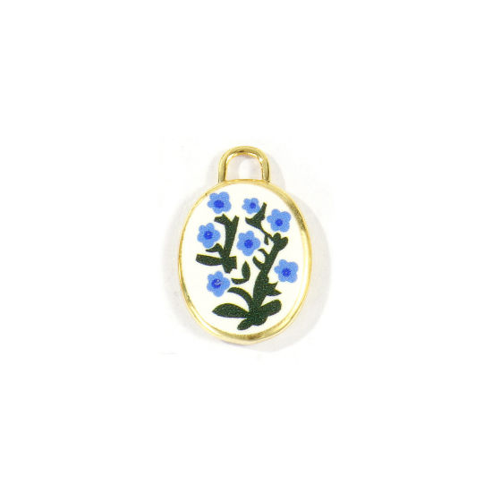 Immagine di 2 Pz Ottone Ciondoli All'Ingrosso Placcato Oro 18K Blu Ovale Fiore Stampato 20mm x 13.5mm