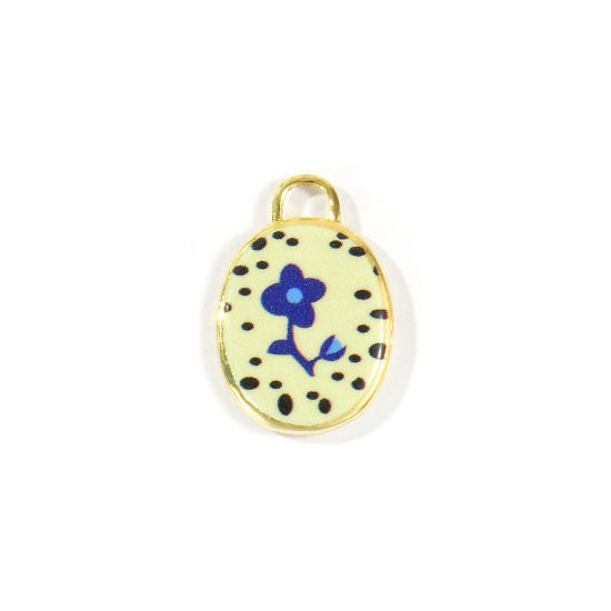 Immagine di 2 Pz Ottone Ciondoli All'Ingrosso Placcato Oro 18K Blu Ovale Fiore Stampato 20mm x 13.5mm
