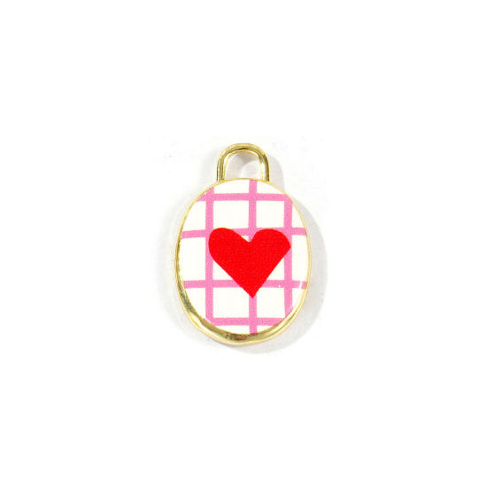 Bild von 2 Stück Messing Valentinstag Charms Großhandel 18K Vergoldet Rot Oval Herz Gedruckt 20mm x 13.5mm