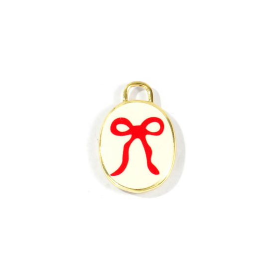 Bild von 2 Stück Messing Kleidung Charms Großhandel 18K Vergoldet Rot Oval Schleife Gedruckt 20mm x 13.5mm