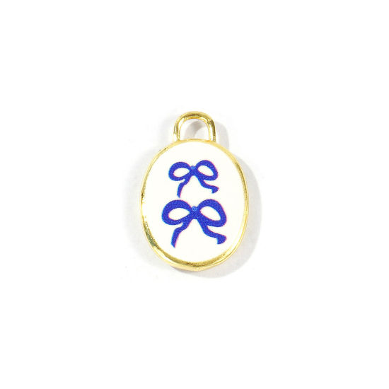 Bild von 2 Stück Messing Kleidung Charms Großhandel 18K Vergoldet Blau Oval Schleife Gedruckt 20mm x 13.5mm