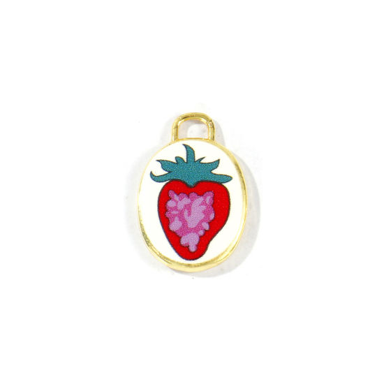 Bild von 2 Stück Messing Charms Großhandel 18K Vergoldet Rot Oval Erdbeere Gedruckt 20mm x 13.5mm