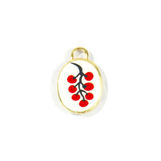 Bild von 2 Stück Messing Charms Großhandel 18K Vergoldet Rot Oval Beere Gedruckt 20mm x 13.5mm
