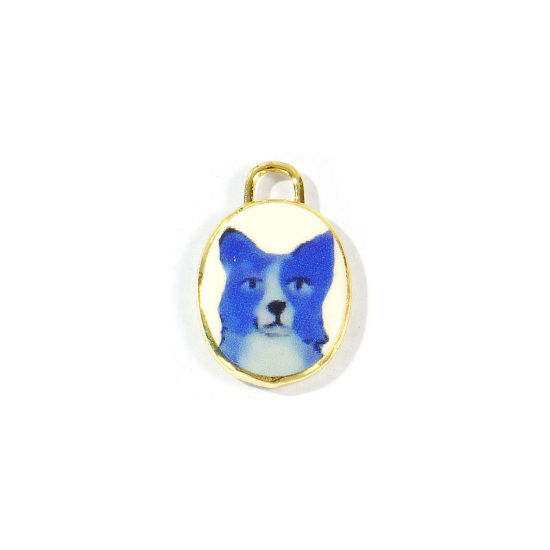 Bild von 2 Stück Messing Charms Großhandel 18K Vergoldet Blau Oval Hund Gedruckt 20mm x 13.5mm