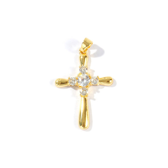 Picture of 2 PCs Brass Religious Pendants Wholesale 18K Gold Plated Cross Clear Cubic Zirconia 3.8cm x 2.3cm