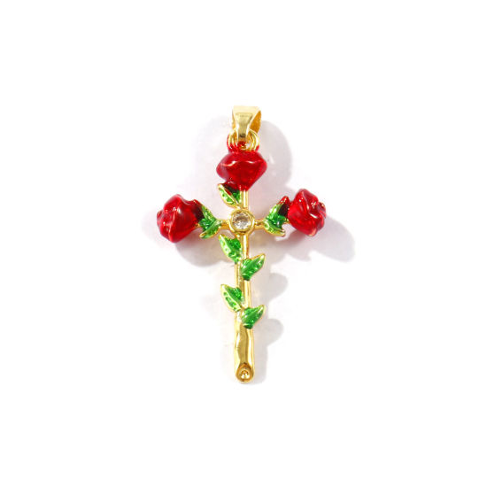 Picture of 2 PCs Brass Religious Pendants Wholesale 18K Gold Plated Red & Green Enamel Cross Rose Flower Clear Cubic Zirconia 3.2cm x 1.7cm