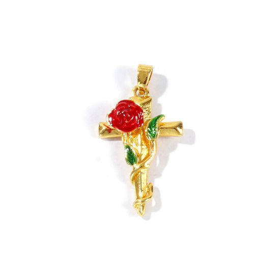 Picture of 2 PCs Brass Religious Pendants Wholesale 18K Gold Plated Red Enamel Cross Rose Flower 3.2cm x 1.7cm