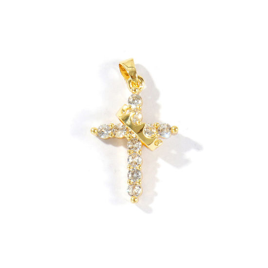 Picture of 2 PCs Brass Religious Pendants Wholesale 18K Gold Plated Cross Crown Clear Cubic Zirconia 3.2cm x 1.9cm