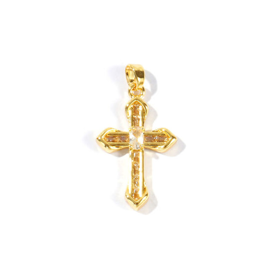 Picture of 2 PCs Brass Religious Pendants Wholesale 18K Gold Plated Cross Clear Cubic Zirconia 3.2cm x 1.7cm