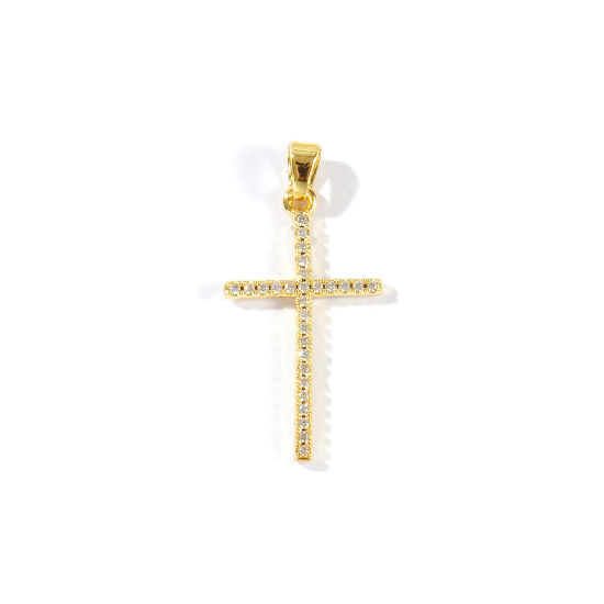 Picture of 2 PCs Brass Religious Pendants Wholesale 18K Gold Plated Cross Micro Pave Clear Cubic Zirconia 3.4cm x 1.7cm
